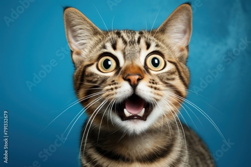 Close-up of tabby cat with mouth open. Generative AI