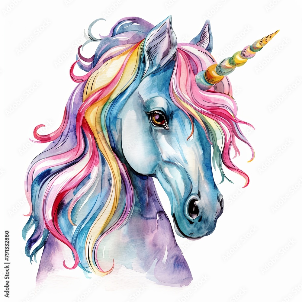 Watercolor painting of a unicorn portrait with a rainbow mane isolated on white background