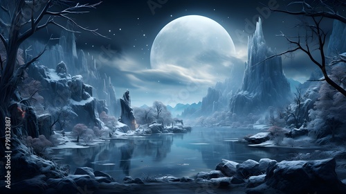 Fantasy landscape with frozen river and full moon. 3d illustration