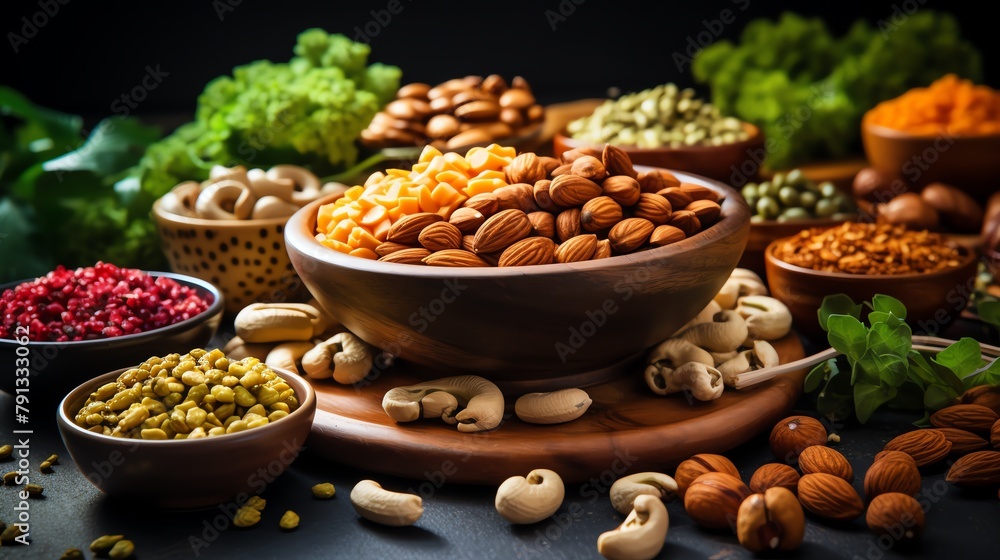 Vegan protein sources display, including lentils, chickpeas, and nuts, healthconscious eating concept