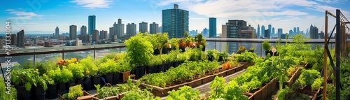 Rooftop garden in an urban setting, lush green plants and vegetables, example of sustainable city living photo