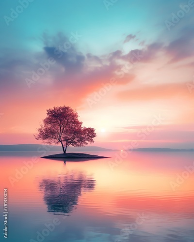 Serene lake landscape and the tree at sunrise, calm water reflecting the colorful sky, minimalist nature scene photo