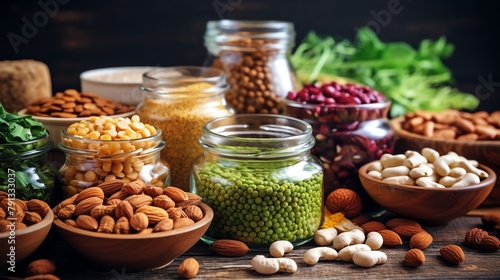 Vegan protein sources display, including lentils, chickpeas, and nuts, healthconscious eating concept, great idea for healthy.