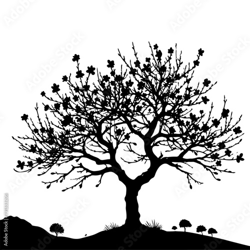 Black Vector Almond Tree Silhouette Amidst the Evening's Embrace, Nature's Elegance Captured- Almond Tree Illustration- Almond tree vector stock.