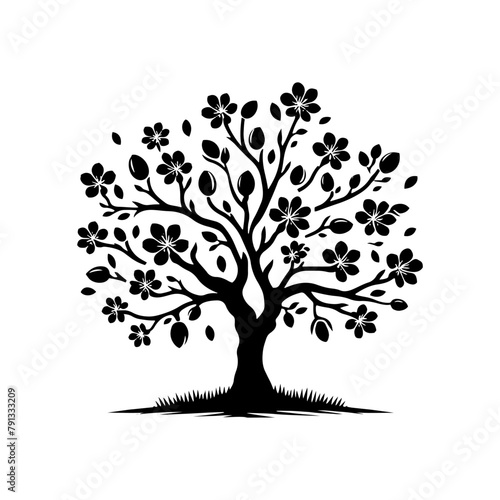 Black Vector Almond Tree Silhouette Amidst the Evening's Embrace, Nature's Elegance Captured- Almond Tree Illustration- Almond tree vector stock.