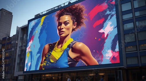 A digital billboard for a new sports drink located in a busy city center showing a montage of highenergy rhythmic sports moments motivating passersby to embrace activity and movement in their routines photo