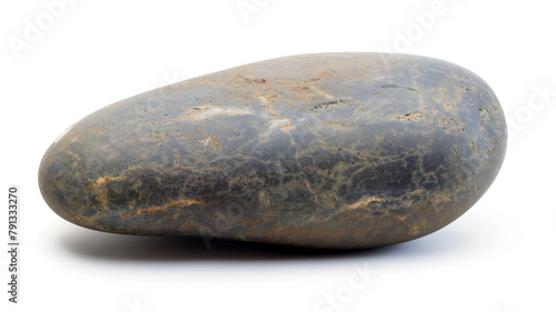 Smooth, oval-shaped river rock with marbled tan and brown patterns on a white background.