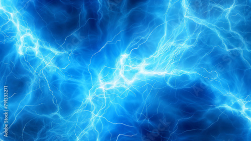 Abstract background of blue electrical lightning bolts with dynamic energy and intense light. photo