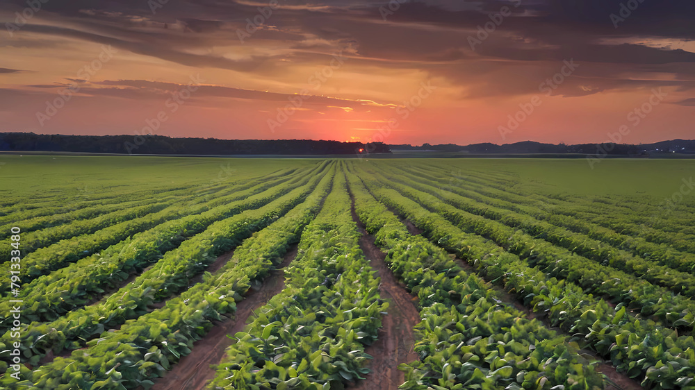 Soybean field at sunset