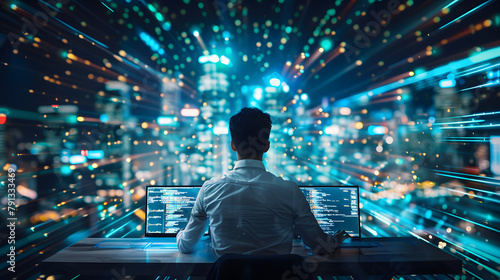 A software engineer working on multi laptop with futuristic illustration background