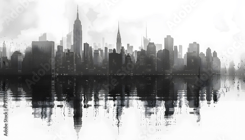 Contemporary style minimalist artwork poster collage illustration of NY city b&w grafic style