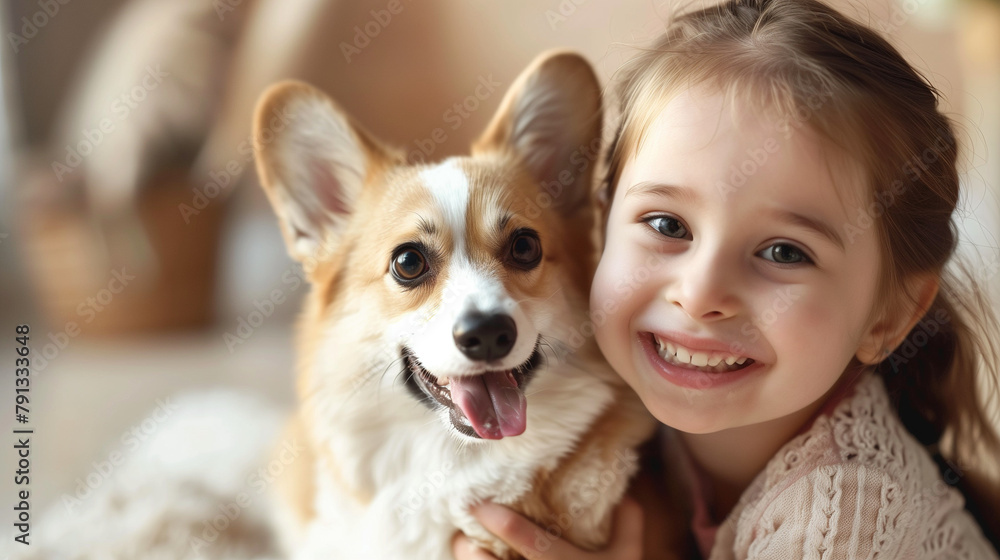 little girl with Corgi dog, cute, smile, professional photography, indoor