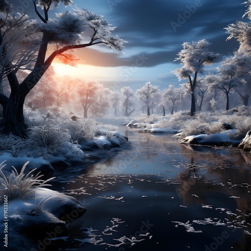 Winter landscape with a frozen river and trees. 3d render.