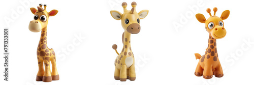 Set of 3D toy cute giraffe isolated on a transparent background