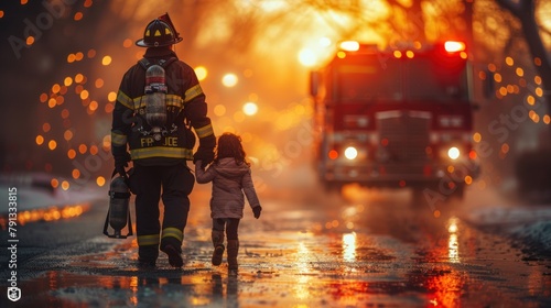 Firefighter who is 40 years old in uniform with oxygen cylinder and helmet walking with his daughter who is 10 years old. In backview, firetruck in the background