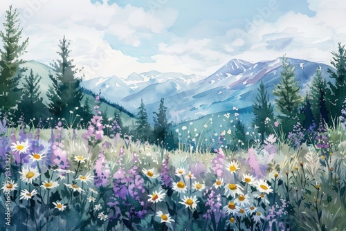 Watercolor landscape with wildflowers and mountains in the background