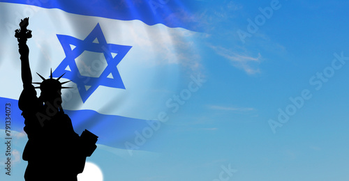 May is Jewish American heritage month. Flag of Israel and Statue of Liberty on sky background. 3 photo