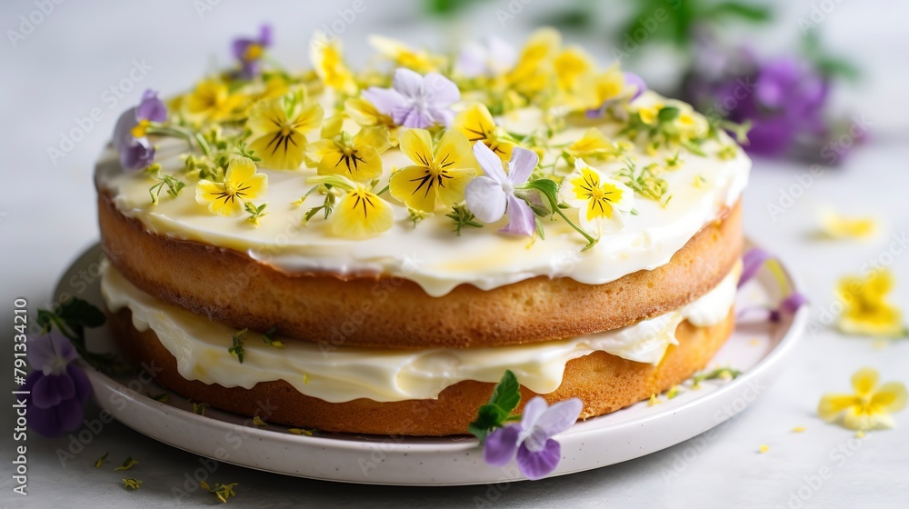 Close-up of a lemon elderflower cake, decorated with edible flowers and lemon slices, on a light, airy kitchen counter. 