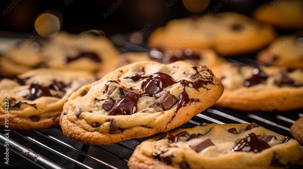Close-up of freshly baked chocolate chip cookies, with gooey chocolate melting, on a cooling rack in a home kitchen. 