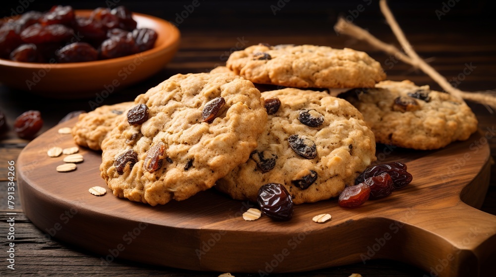 Soft and chewy oatmeal raisin cookies, close-up, with visible oats and plump raisins, on a rustic wooden board. Soft and chewy oatmeal raisin cookies, close-up, with visible oats and plump raisins, on a rustic wooden board.