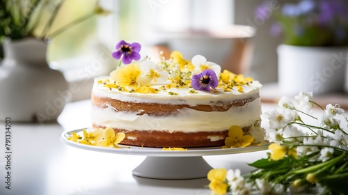 Close-up of a lemon elderflower cake  decorated with edible flowers and lemon slices  on a light  airy kitchen counter. 