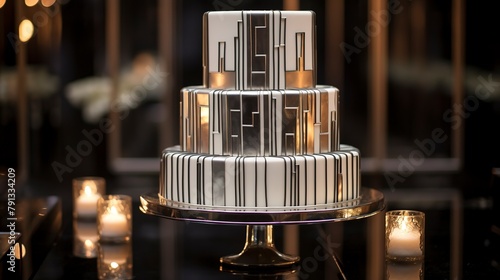 Art deco-inspired cake with metallic details and sharp lines, close-up, on a mirrored base for a glamorous event.  photo