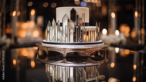 Art deco-inspired cake with metallic details and sharp lines, close-up, on a mirrored base for a glamorous event.  photo