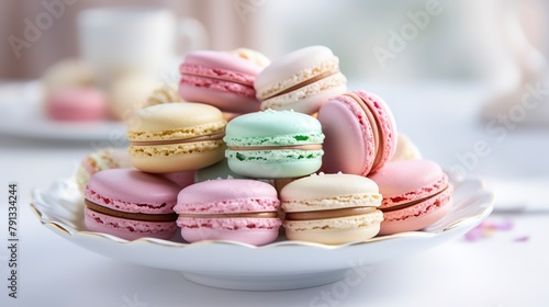 Close-up of delicate French macarons in pastel colors, with a smooth, shiny surface, arranged on a white porcelain plate. 