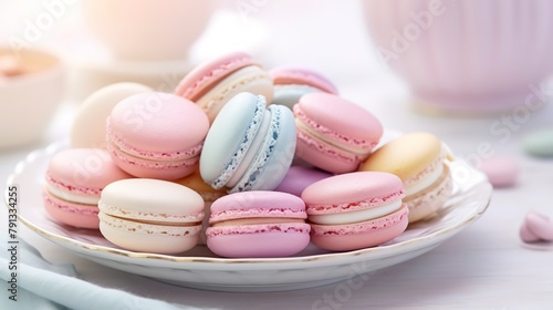Close-up of delicate French macarons in pastel colors, with a smooth, shiny surface, arranged on a white porcelain plate. 