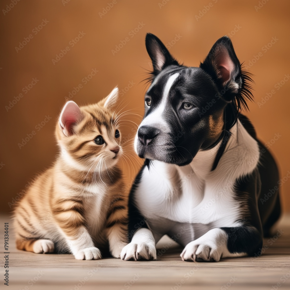 Adorable dog and cat together at home. Selective focus.