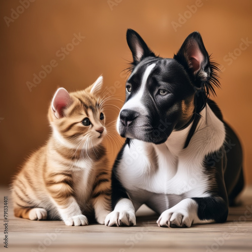 Adorable dog and cat together at home. Selective focus. © Steve