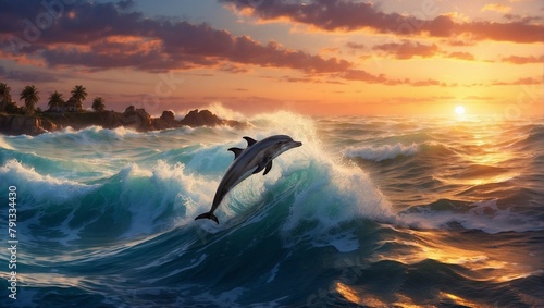 Dolphin playing in the waves of the raging ocean at sunset. © Saima