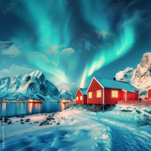 A house sits beneath the aurora-lit sky, its silhouette outlined against the mesmerizing dance of colors, a magical sight under the celestial display