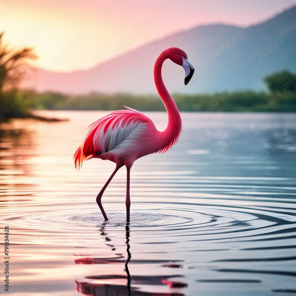 Fototapeta premium Pink flamingo in the lake at sunset. 3d rendering.