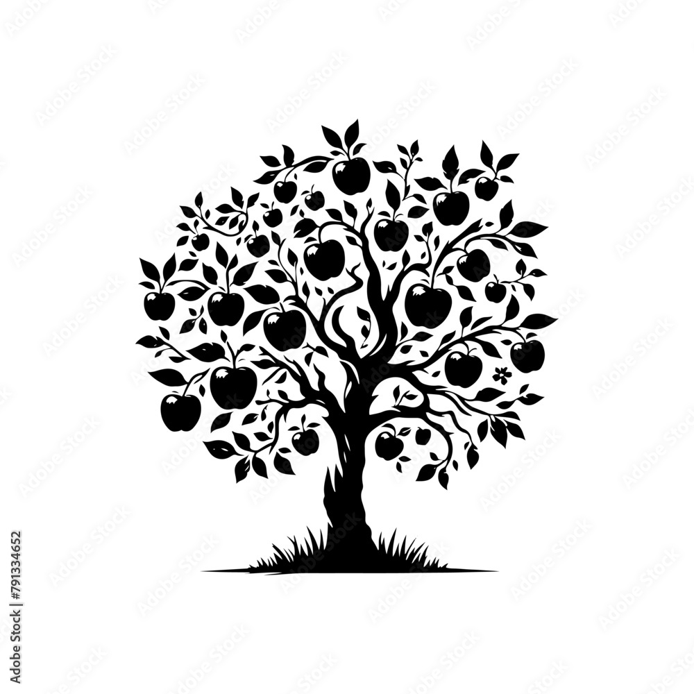  Black Vector Apple Tree Silhouette, a Moonlit Dance of Nature's Bounty- Apple Tree Illustration- Apple Tree Vector Stock.