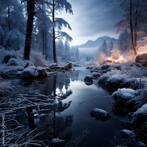 Foggy winter landscape with a frozen river in the forest.
