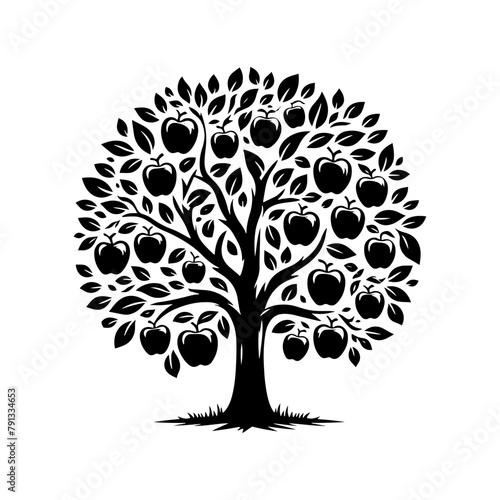  Black Vector Apple Tree Silhouette, a Moonlit Dance of Nature's Bounty- Apple Tree Illustration- Apple Tree Vector Stock.