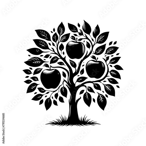  Black Vector Apple Tree Silhouette, a Moonlit Dance of Nature's Bounty- Apple Tree Illustration- Apple Tree Vector Stock.