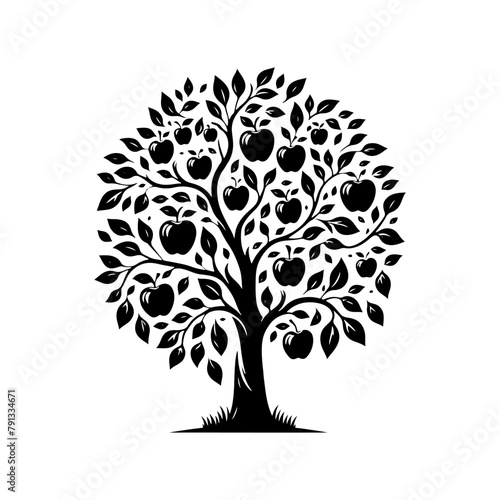  Black Vector Apple Tree Silhouette, a Moonlit Dance of Nature's Bounty- Apple Tree Illustration- Apple Tree Vector Stock.