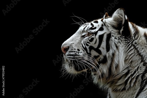 Profile of Bengal white tiger on a black background photo