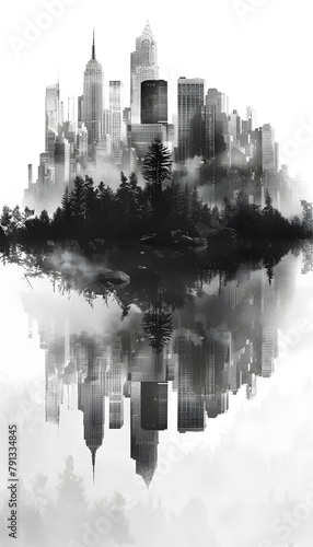 Contemporary style minimalist artwork poster collage illustration of NY city b&w grafic style