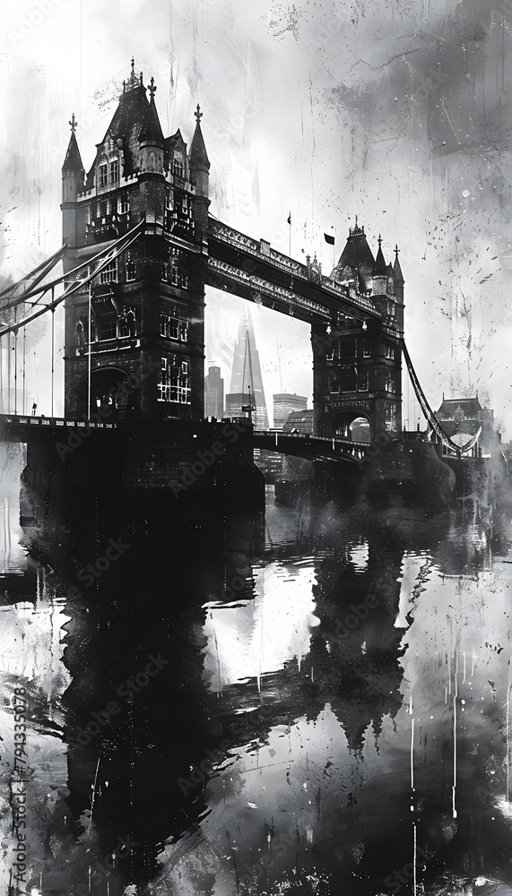 Obraz premium Contemporary style minimalist artwork poster collage illustration of London Bridge grafic style