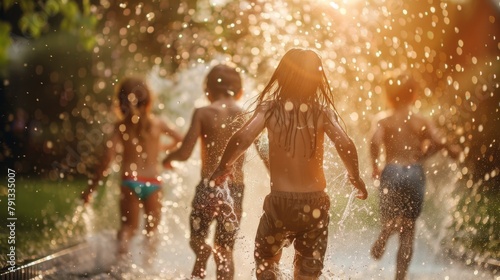 Children playing joyfully in the water during summer, a snapshot of carefree youth © Viktoriia