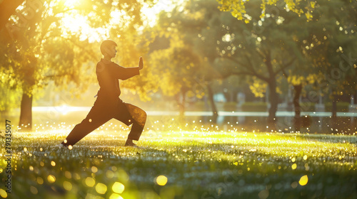 Man in Tai Chi stance on dewy grass with sun flares and trees in background photo