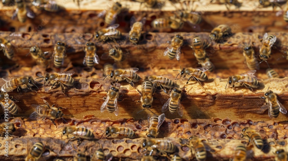 Bees on Wooden Surface Bees on Wooden Surface