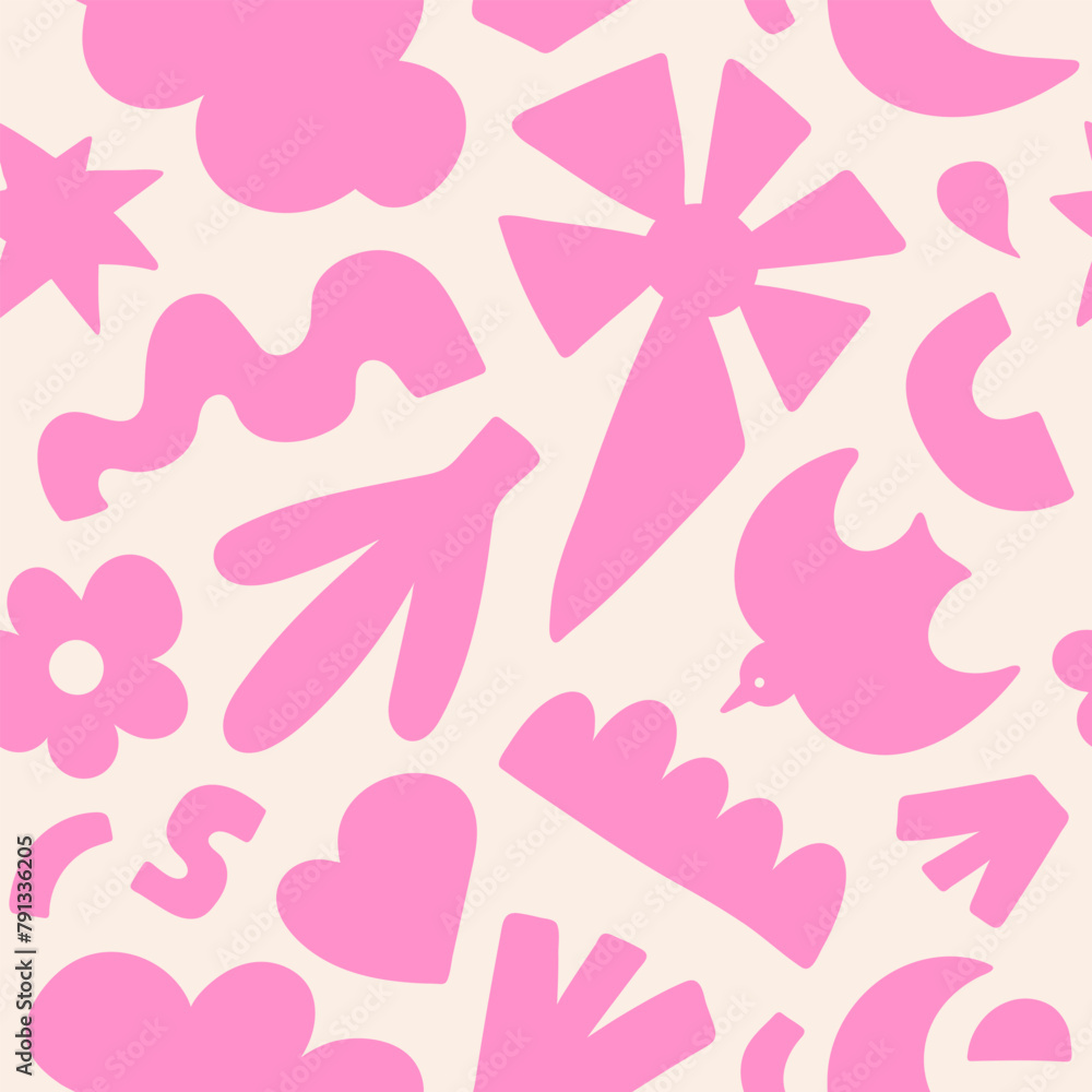 Abstract floral seamless pattern with pink organic shapes. Trendy random figures isolated on a white background. Spring background. Vector illustration