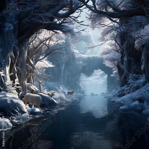 Fantasy winter landscape with a river and frozen trees. 3d rendering