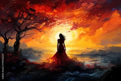 Vivid Red Sunset Landscape with Solitary Woman in Elegant Dress
