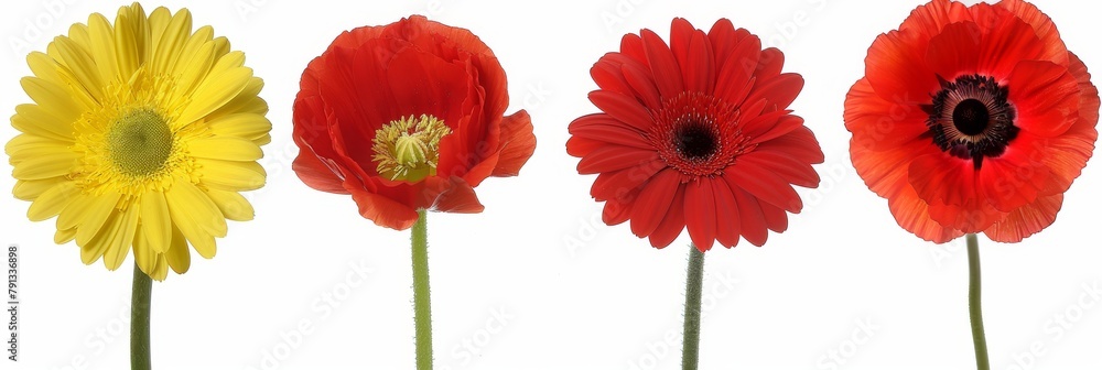Obraz premium A vibrant selection of meadow flowers isolated on a white background. This image showcases colorful and diverse flora, perfect for botanical themes.