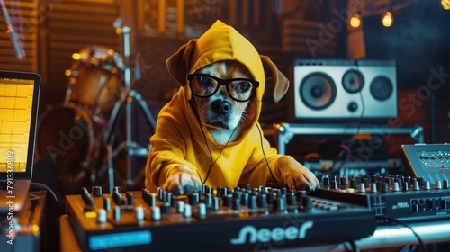A dog wearing glasses and a yellow hoodie is sitting in front of a DJ mixer
